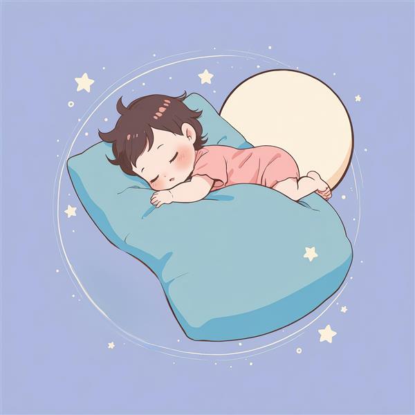 طرح مینیمال کودک خفته روی بالشت آبی و ماه کامل، مناسب چاپ مهدکودک