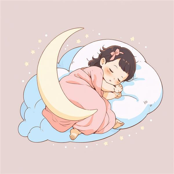 نقاشی دیجیتال کودک پیچیده در پتو روی ابر و ماه، با پس‌زمینه صورتی آرام