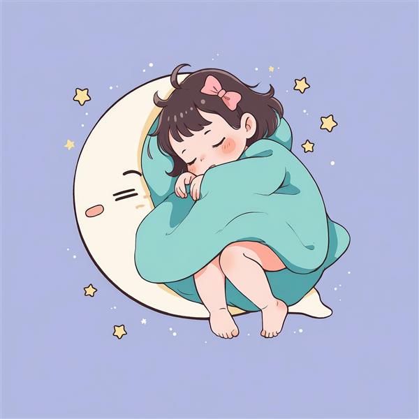 وکتور دختربچه در پتو، بغل کرده ماه خندان، طرح کارتونی برای دکور سیسمونی