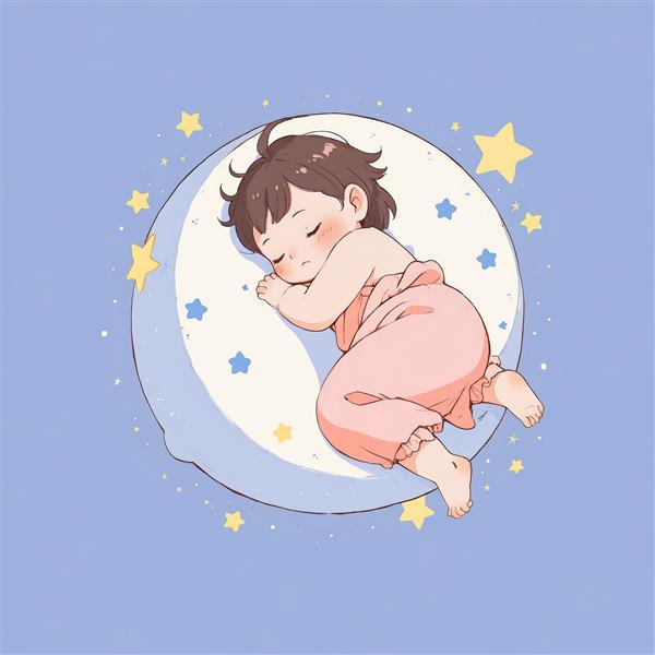 تصویر کودک معصوم خوابیده روی ماه، طرحی فانتزی و باکیفیت برای پوستر