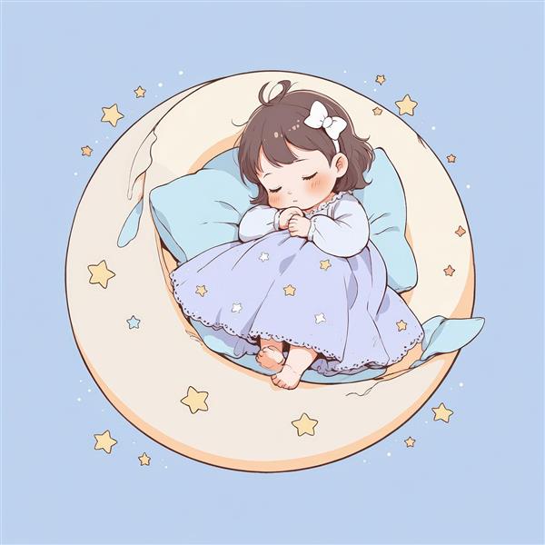 طرح دختربچه خفته در دامن ستاره‌ای روی ماه کامل، مناسب پوستر مهدکودک