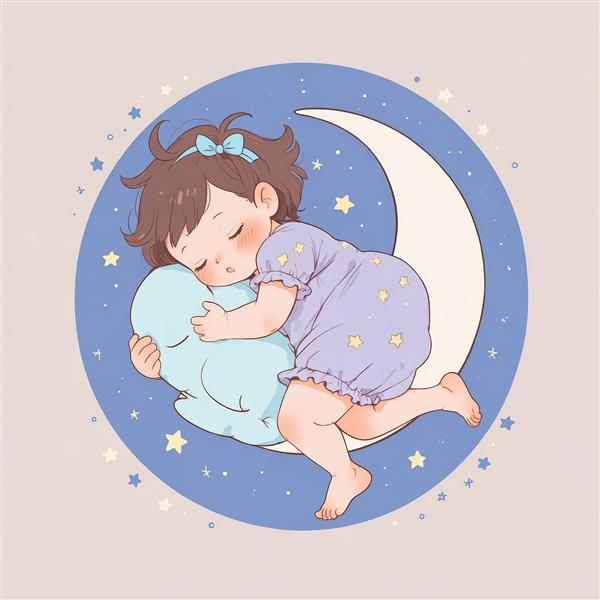 تصویر گرافیکی کودک در لباس بنفش خوابیده در آغوش بالشت و ماه فانتزی