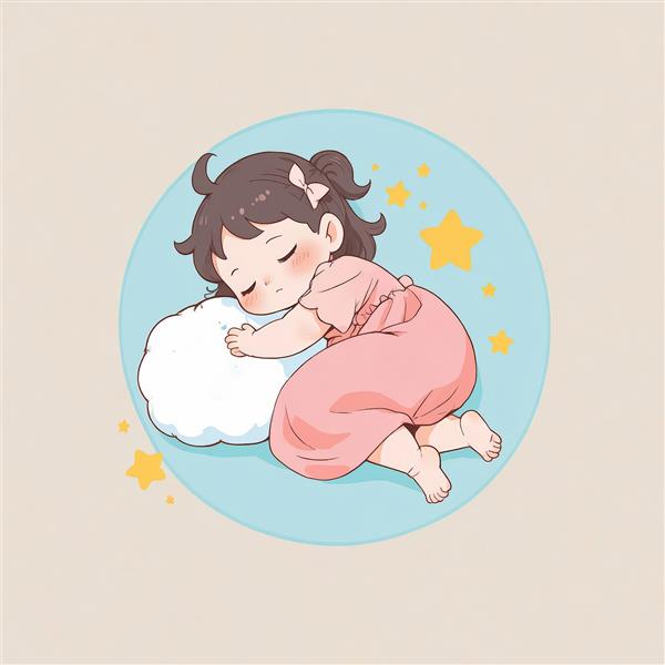 دختر کوچک در لباس صورتی خوابیده روی ابر سفید، طرح آرامش‌بخش و مینیمال