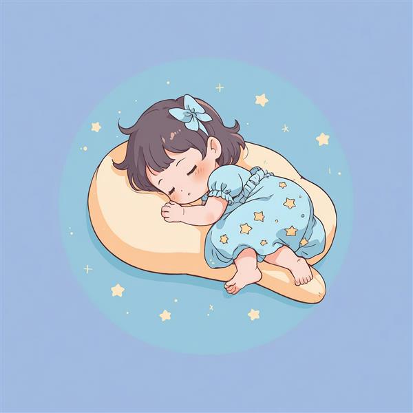 وکتور کودک ناز خوابیده روی بالشت بژ، با لباس آبی و ستاره‌ها، تم شب