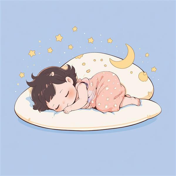 دختر کارتونی خواب‌آلود روی بالشت کرم با پس‌زمینه ستاره‌ای و ماه
