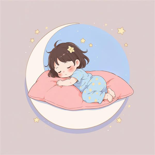 تصویر باکیفیت دختربچه کیوت خفته روی ماه و بالشت صورتی در پیژامه آبی