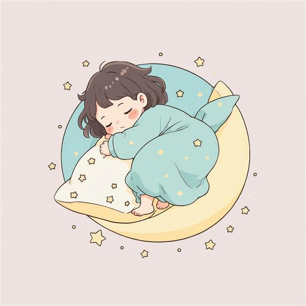 کودک ناز خوابیده روی بالشت و ماه، در پتوی آبی ستاره‌دار، طرح سیسمونی