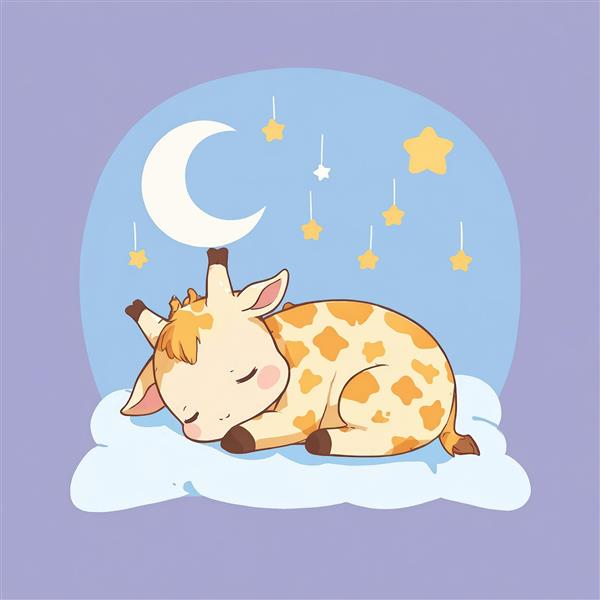 نقاشی دیجیتال زرافه کارتونی خفته روی ابر با ماه و ستاره‌های آویزان