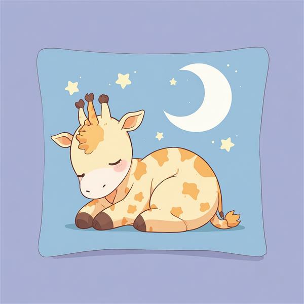 طرح زرافه کوچک و کیوت خوابیده روی بالشت مربعی آبی با هلال ماه فانتزی