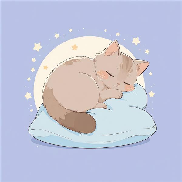 وکتور گربه پشمالوی کرم خوابیده روی بالشت آبی، زیر نور ماه کامل آرام