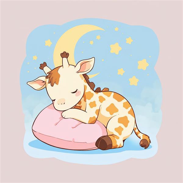 نقاشی زرافه کیوت خوابیده روی بالشت صورتی زیر هلال ماه، طرح مناسب چاپ