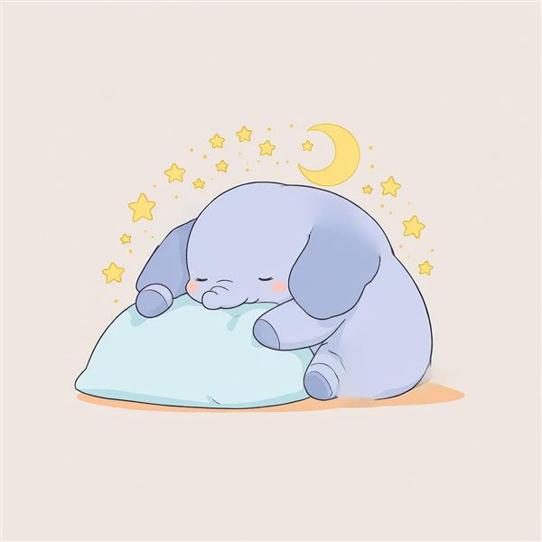 طرح مینیمال فیل کوچک خسته خوابیده روی بالشت آبی، با ستاره‌های طلایی