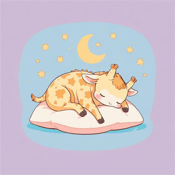 زرافه کارتونی خفته روی بالشت بژ، با ماه و ستاره‌ها در پس‌زمینه بنفش