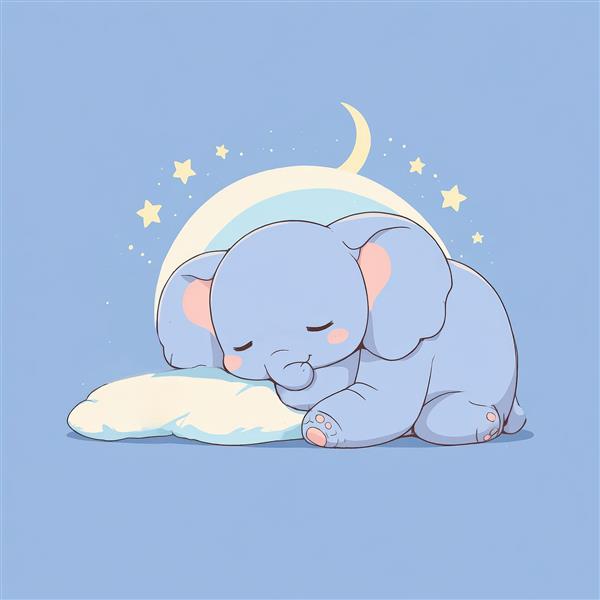 تصویر گرافیکی فیل آبی خوابیده روی ابر سفید زیر قوس رنگین‌کمان و ماه