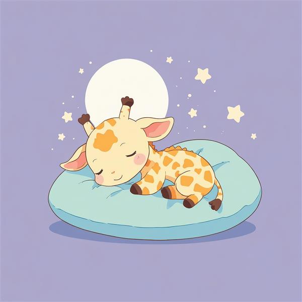 وکتور زرافه کوچک و کیوت خوابیده روی بالش آبی در شب پر ستاره بنفش
