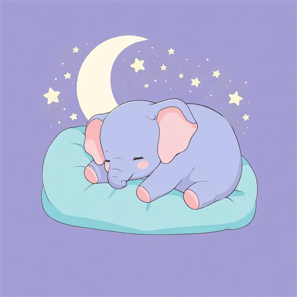 بچه فیل بنفش خفته روی بالشت آبی، طرح شب مهتابی و ستاره‌ای باکیفیت