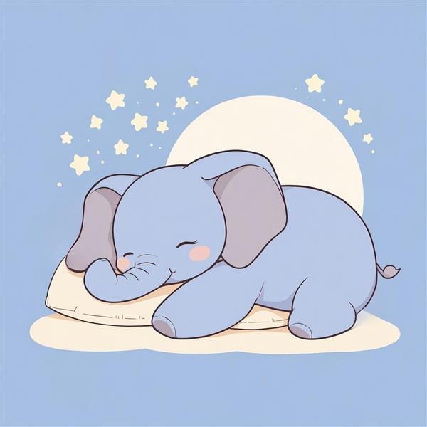 طرح فانتزی بچه فیل آبی خوابیده با ماه کامل روشن، مناسب دکور پوستر