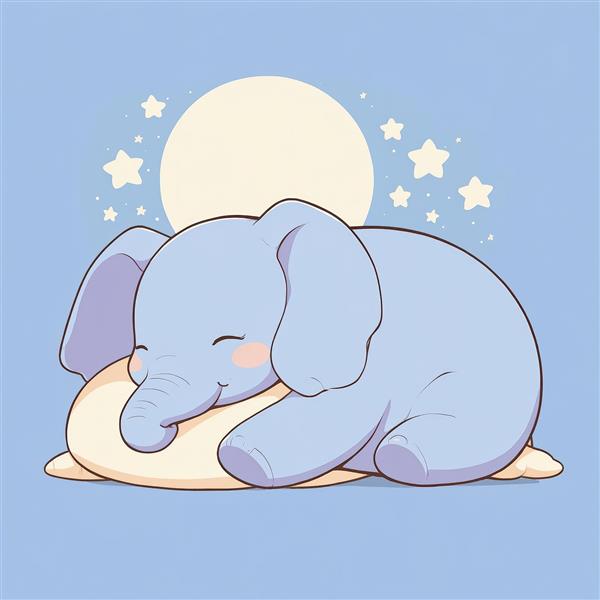 نقاشی دیجیتال فیل آبی خواب‌آلود روی بالشتک بژ زیر ماه کامل و ستاره‌ها