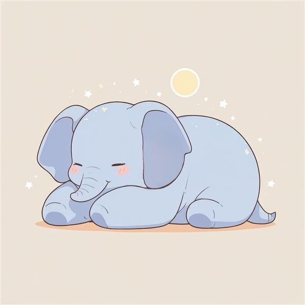 تصویر باکیفیت بچه فیل آبی خوابیده روی زمین، طرح مینیمال اتاق کودک