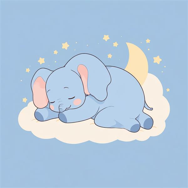 تصویر باکیفیت فیل آبی کوچک خوابیده روی ابر و ماه و ستاره‌ها، تم شب