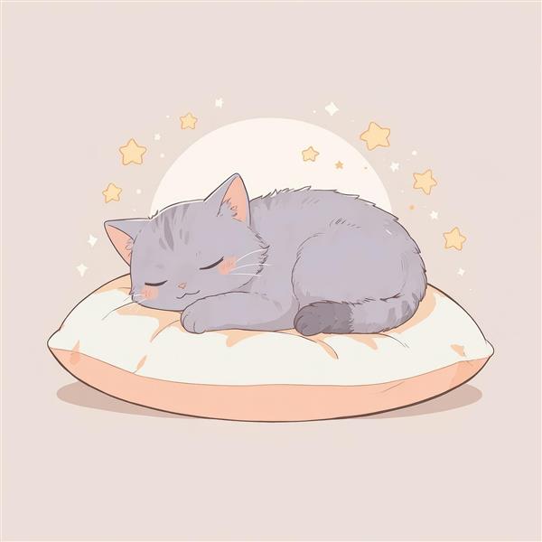 تصویر فانتزی گربه طوسی پشمالو خوابیده زیر ماه روشن، برای دکوراسیون آرامش‌بخش