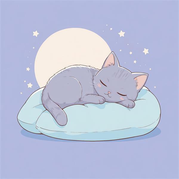 گربه کارتونی طوسی خوابیده روی بالشتک آبی زیر ماه کامل و ستاره‌های شب