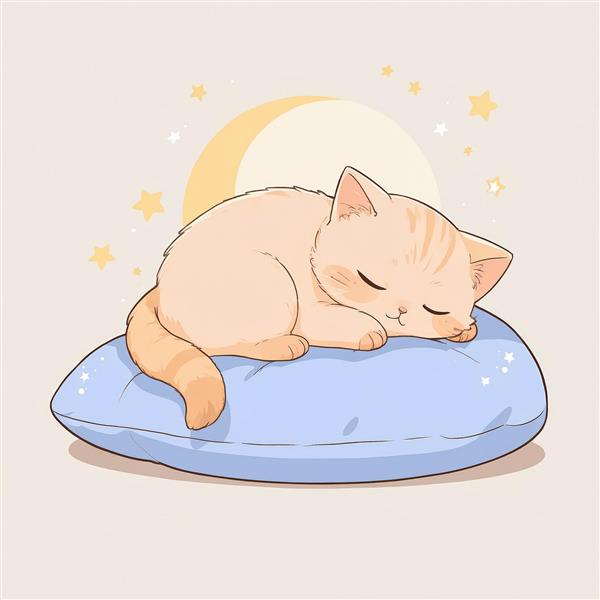 نقاشی دیجیتال گربه نارنجی خفته روی بالشت آبی، طرحی آرام و باکیفیت