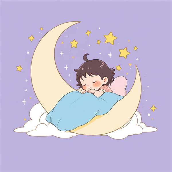 وکتور کودک فرشته‌دار خوابیده روی ماه طلایی با ستاره‌ها، مناسب چاپ سیسمونی