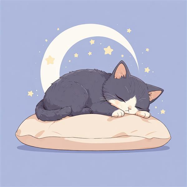 طرح گربه سیاه و سفید خوابیده روی بالش در آسمان بنفش و هلال ماه و ستاره‌ها