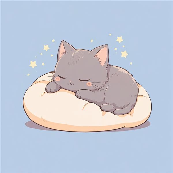 کیتن کارتونی طوسی خوابیده روی تشکک نرم، طرح مناسب اتاق کودک و پوستر