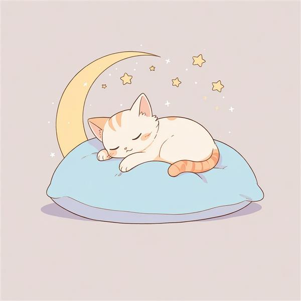 تصویر باکیفیت گربه کرم و نارنجی، خفته روی بالشت آبی زیر نور ماه و ستاره