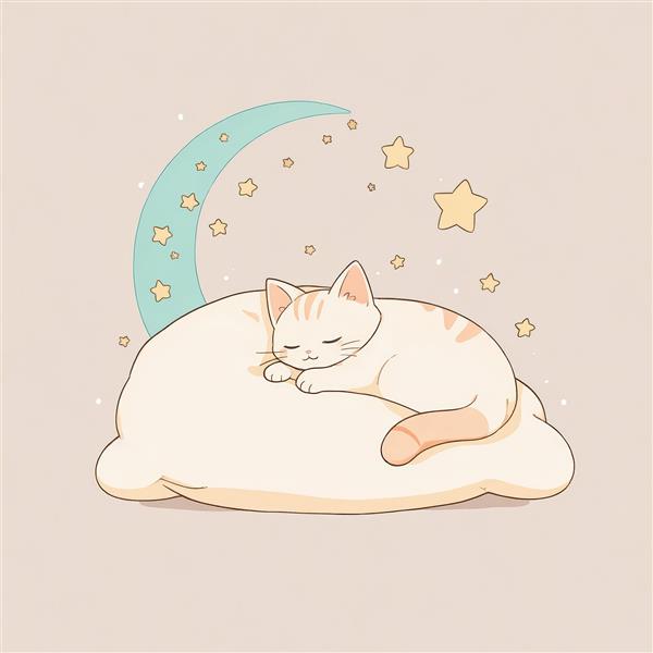 طرح فانتزی گربه خواب‌آلود با هلال ماه فیروزه‌ای روی تشکک نرم در پس‌زمینه کرم