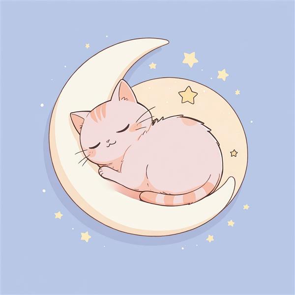 وکتور گربه نارنجی ناز، خوابیده در آغوش هلال ماه طلایی در آسمان آبی آرام