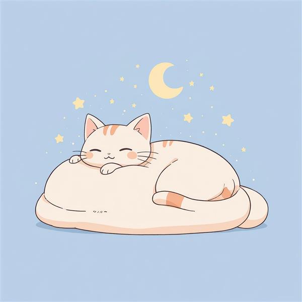 طرح مینیمال گربه بامزه خفته زیر هلال ماه و ستارگان در پس‌زمینه آبی