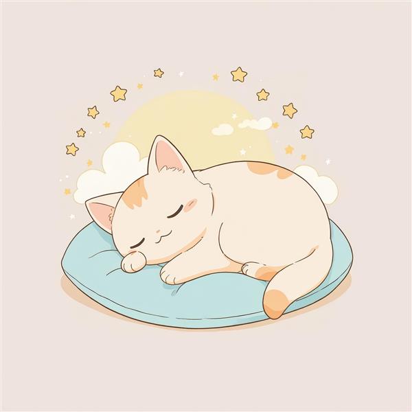 تصویر گرافیکی گربه کیوت خوابیده با پس‌زمینه ابر، ماه و ستاره‌های طلایی
