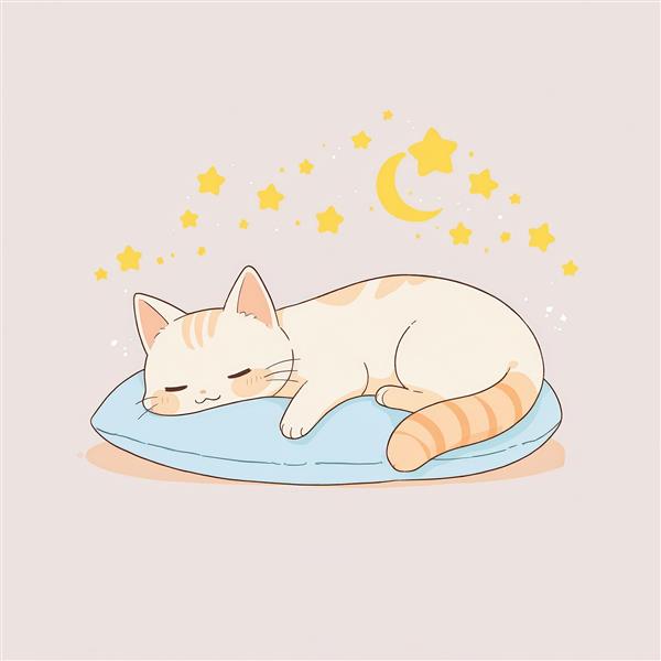 گربه کارتونی خواب‌آلود با ستاره‌ها و هلال ماه در آسمان صورتی و آرام