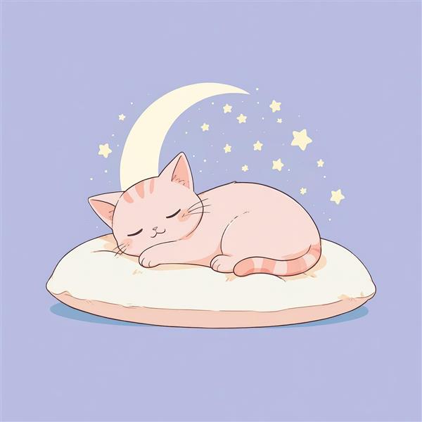 تصویر باکیفیت گربه ناز خوابیده روی بالشتک بژ در شب مهتابی و بنفش