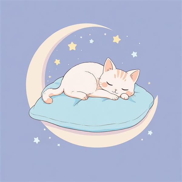 نقاشی دیجیتال گربه ناز در آغوش ماه و ستاره‌ها، خوابیده روی بالشت آبی