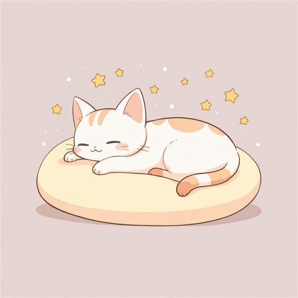طرح فانتزی گربه کیوت خوابیده روی تشکک با پس‌زمینه ستاره‌ای روشن