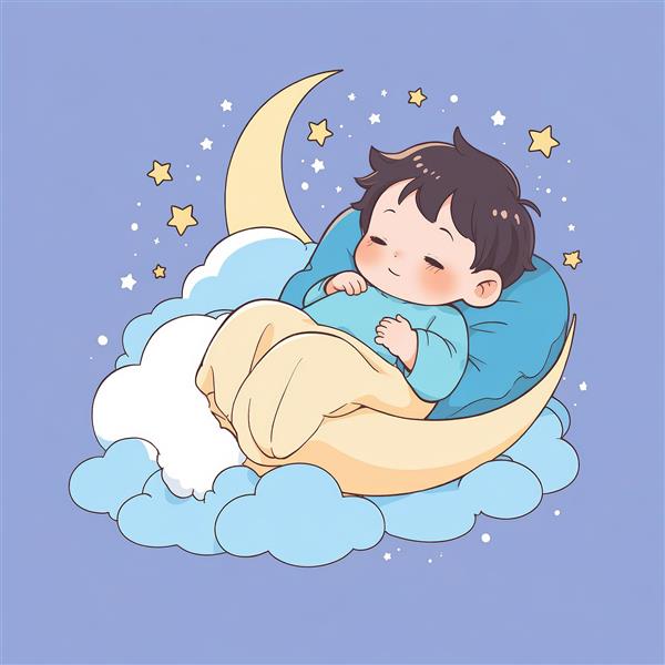 نوزاد خوابیده روی ماه هلالی و بالشت ابری در آسمان شب آبی (تصویر رؤیایی)