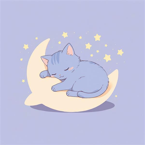 گربه چیبی خوابیده روی ماه هلالی، طرح فانتزی و بامزه (مناسب دکوراتیو)