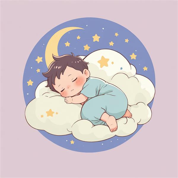 نوزاد خوابیده روی بالشت ابری بزرگ در دایره‌ای از آسمان شب بنفش