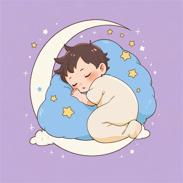 نوزاد خوابیده روی بالشت ابری ستاره‌دار و ماه بزرگ (مناسب چاپ پرده کودک)