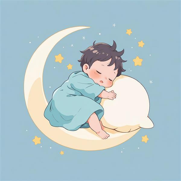 تصویر نوزاد خوابیده روی ماه هلالی با پتو، در فضای آبی آرام و ستاره‌ای