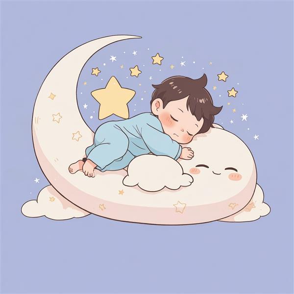 نوزاد خوابیده روی ماه هلالی و بالشتک خندان (وکتور رؤیایی باکیفیت)