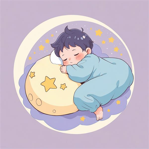 وکتور نوزاد خوابیده روی بالشت گرد (ماه کامل) در پس‌زمینه بنفش