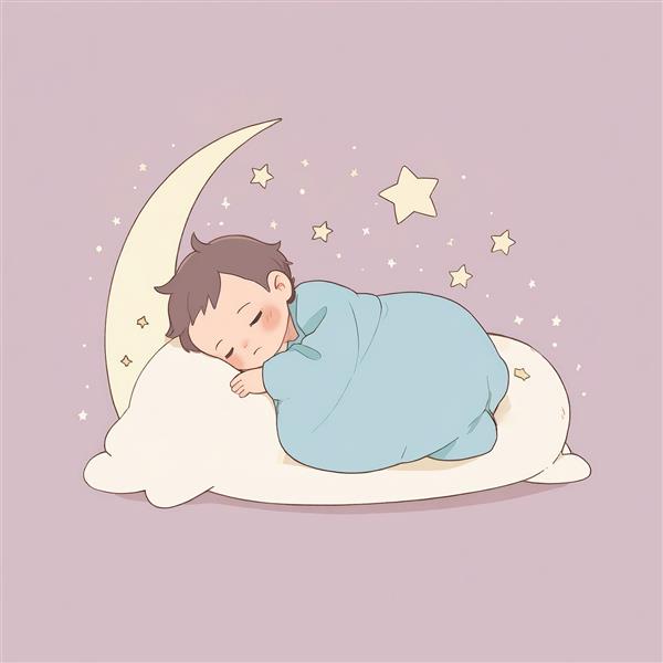 نوزاد خوابیده زیر پتو یا قنداق آبی روی بالشت ابری و ماه در پس‌زمینه بنفش ملایم