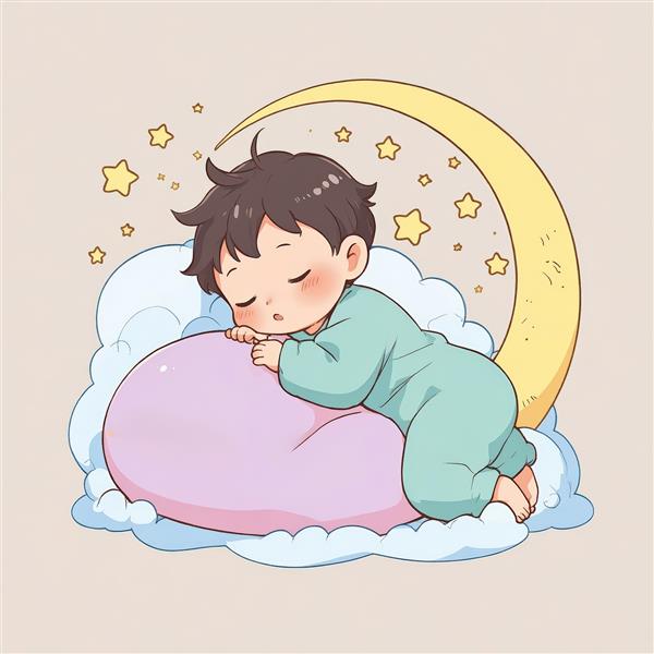 نوزاد خوابیده روی بالشت صورتی و ابر با ماه هلالی طلایی (مناسب تابلوی اتاق کودک)