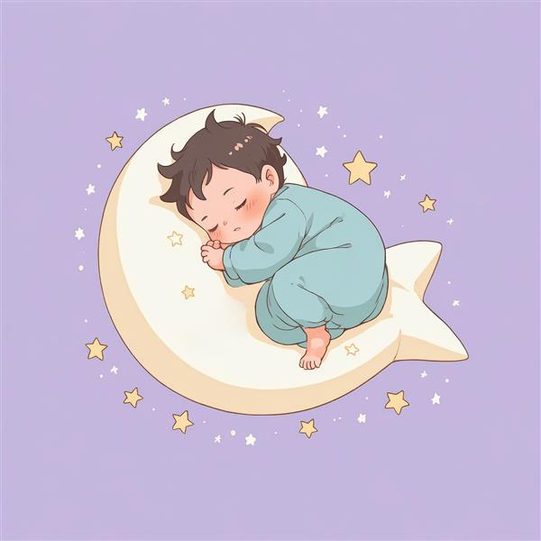 وکتور نوزاد در حال خوابیدن روی بالشتک ستاره‌ای شکل در احاطه ستاره‌ها
