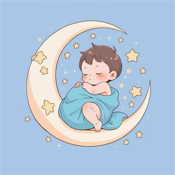 نوزاد با پتو یا قنداق آبی روشن، خوابیده روی ماه در پس‌زمینه آبی آسمانی (طرح آرامش)